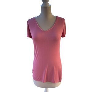 White House Black Market Satin lined  V Neck‎ Short Sleeve Shirt Rose Pink Small